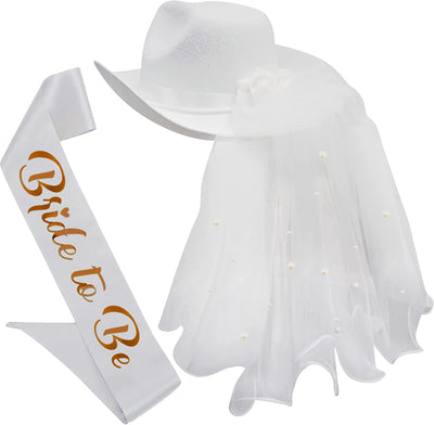 Bride Cowgirl Hat with Veil & Sash - Women White Cowboy Hat Bachelorette Party, Bridal Shower Dress Up by 4E's Novelty