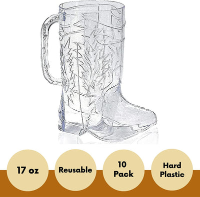 4E's Novelty 10Pcs Cowboy Boot Mug Cups (10 Pack) 17 oz Reusable Hard Plastic, BPA Free - for Cowboy Themed Party Supplies, Western Accessories