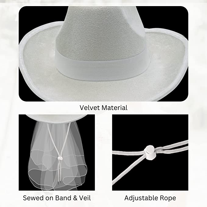 4E's Novelty Bride Cowgirl Hat with Veil & Bachelorette Sash - White Cowboy Hat for Bachelorette Party