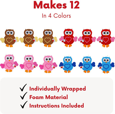 4E's Novelty Valentines Day Owl Magnet Craft for Kids (12 Pack) Foam Valentines Day Craft for Kids Classroom DIY Activity Bulk, Individually Wrapped