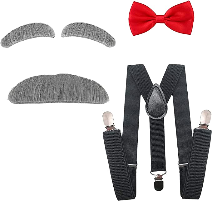 4E's Novelty Old Man Costume for Kids Boys 100th Days of School Includes Suspenders, Gray Stick On Moustache & Eyebrows, Bow Tie. Grandpa Costume Accessory