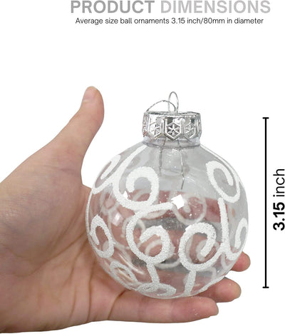 12 Pack White Swirl Christmas Ornaments Shatterproof Plastic 3.15"/80mm Clear Ball Ornaments Decorated with White Glitter for Christmas Tree Decorations by 4E's Novelty