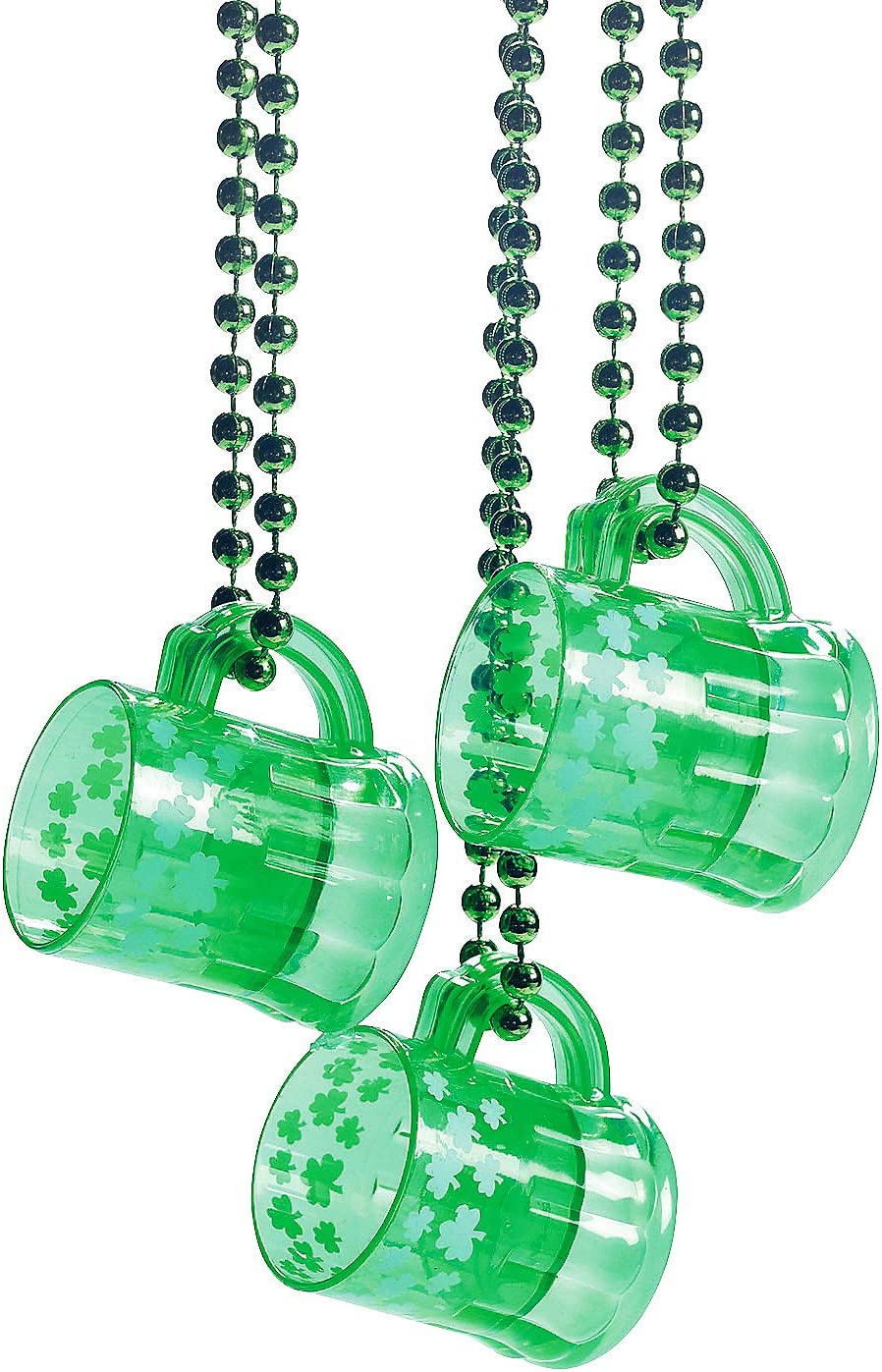 4E's Novelty St Patricks Day Beads Necklace With Shot Glasses Beer Mug Pack of 12 – Green Irish Gifts Party Favors Supplies, Costume Accessories (Transparent Green With Shamrock)