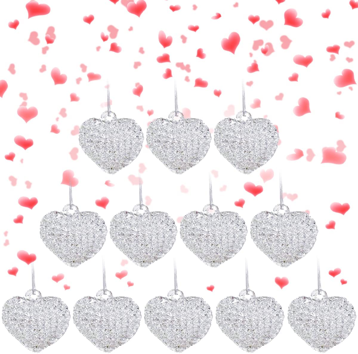 4E’s Novelty Clear Glass Heart Ornaments (Set of 12) Mini Spun Glass Christmas Ornaments for Christmas or Valentines Day Tree Decoration