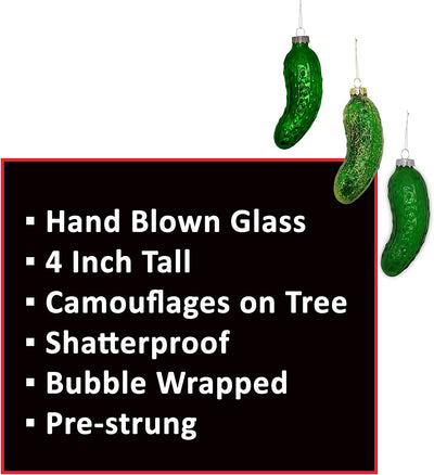 Blown Glass Pickle Ornament for Christmas Tree (3 Pack) Christmas Pickle Ornament Shatterproof 4” Traditional German Christmas Decoration by 4E's Novelty