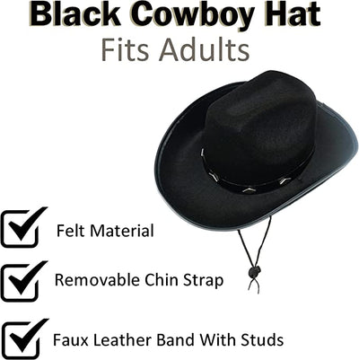 4E's Novelty Black Cowboy Hat for Men & Women - Felt Studded Black Cowgirl Hat for Women Western Themed Party, Cowboy Costume Accessory for Adults