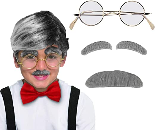 4E's Novelty Old Man Costume for Boys - Stick on Mustache, Eyebrows and Glasses - 100 Day of School Old Man Costume, Grandpa Costume Accessory Kit
