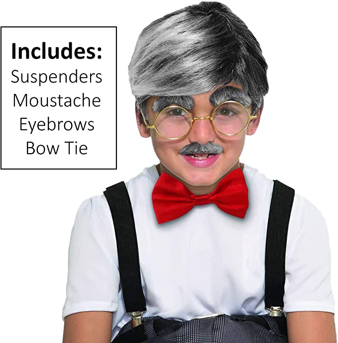 4E's Novelty Old Man Costume for Kids Boys 100th Days of School Includes Suspenders, Gray Stick On Moustache & Eyebrows, Bow Tie. Grandpa Costume Accessory