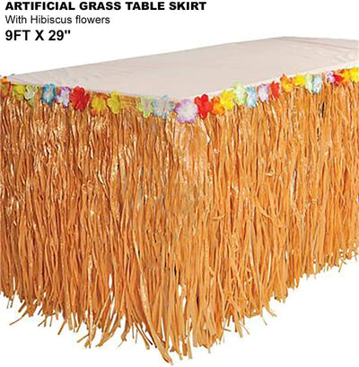 2 Pack Luau Grass Table Skirt 9 Ft with Hibiscus, Reusable - for Jungle Party Decorations, Tropical Beach Tiki Moana Birthday Party Decor Supplies Accessories by 4E's Novelty