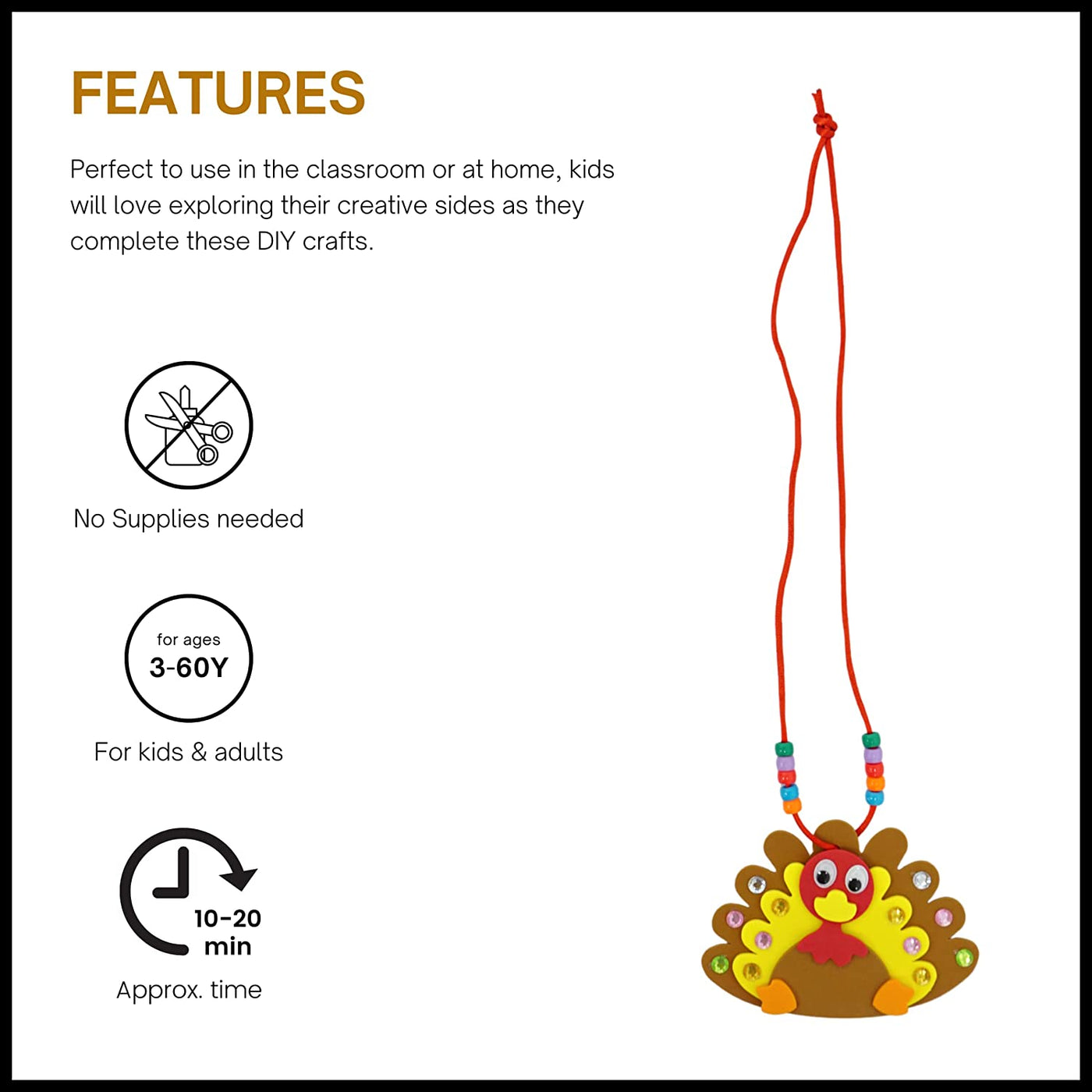4E's Novelty Thanksgiving Turkey Necklaces Crafts for Kids (12 Pack) Bulk DIY Thanksgiving Game Activity