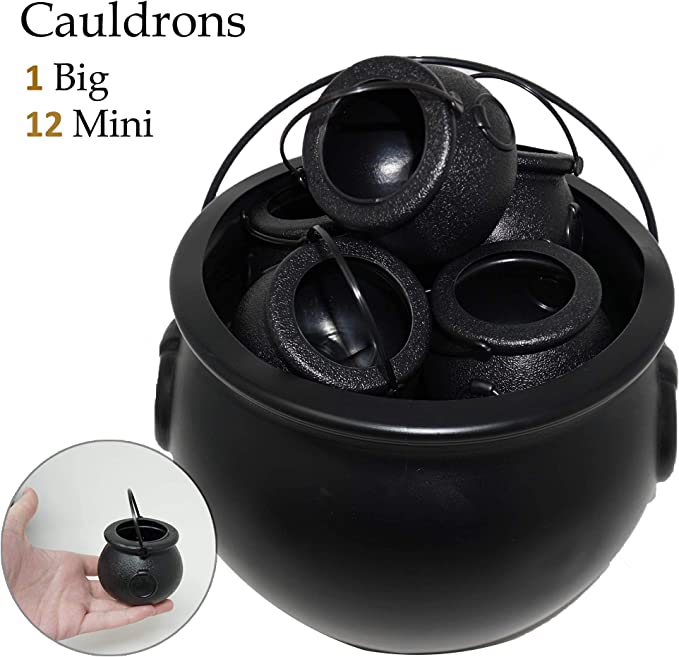 Black Cauldron Plastic 12 Mini & 1 Large 7"- for Halloween Cauldron Black Candy Bucket for Trick or Treat Container for Kids Table Décor Kids Party Favors Supplies By 4E's Novelty