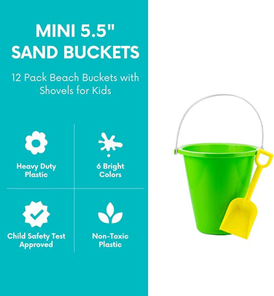 4E's Novelty 12 Sets 5.5" Sand Buckets and Shovels for Kids Bulk (12 Pack) Small Beach Bucket for Beach Summer Outdoor Sand Toys, Party Favors