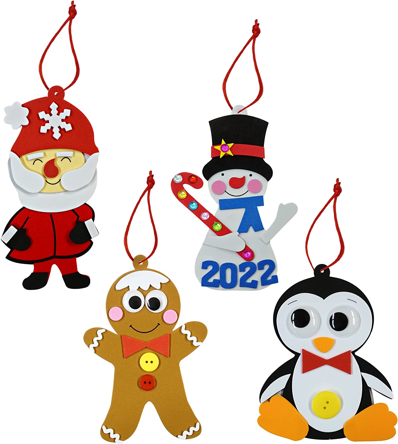 4E's Novelty Foam Christmas Character Ornament Crafts for Kids (12 Pack) Santa, Gingerbread Man, Snowman, & Penguin Christmas Crafts for Kids Toddlers 4-8, 3-12 DIY Ornament Craft Kit Bulk