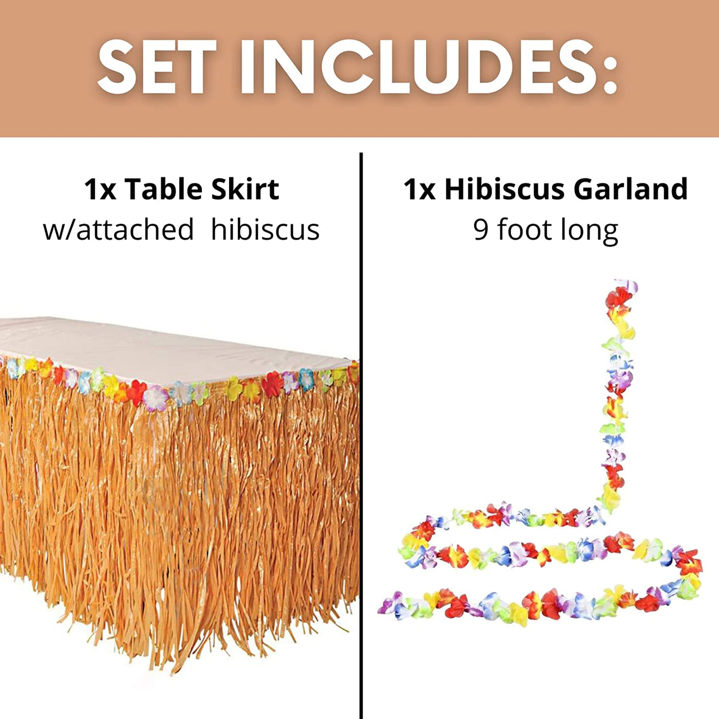 9 Ft Grass Table Skirt with 9ft Hibiscus Garland - for Luau Party Decorations, Hawaiian Tropical Moana Birthday Party Supplies & Accessories by 4E's Novelty