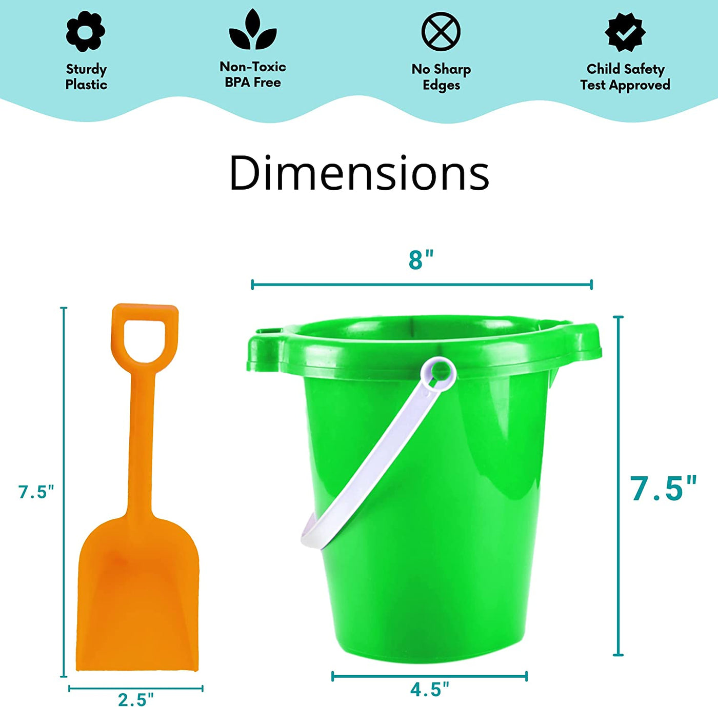 4E's Novelty 7" Beach Buckets and Shovels Set for Kids - Strong Large Sand Bucket for Toddler Beach Toys for Kids 3-10, Sand Toys for Kids 6-10