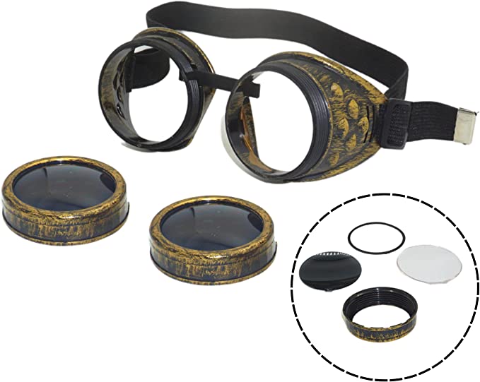 Steampunk Goggles for Women & Men, Vintage Steampunk Glasses Costume, Brass Color Steam Punk Accessories by 4E's Novelty