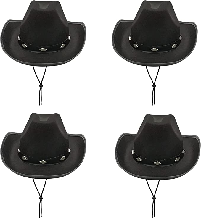 4 Pack Black Cowboy Hats Party Pack (Kid Size) - Felt Bulk Cowboy Hats, Cowgirl Hats for Women Bachelorette Party Decorations by 4E's Novelty