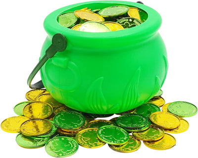 5" St Patrick’s Day Pot of Gold with 100 Lucky Coins - Green Pot of Gold Cauldron Plastic Bucket for Leprechaun Decorations, Green & Gold Coins Plastic Bulk by 4E's Novelty