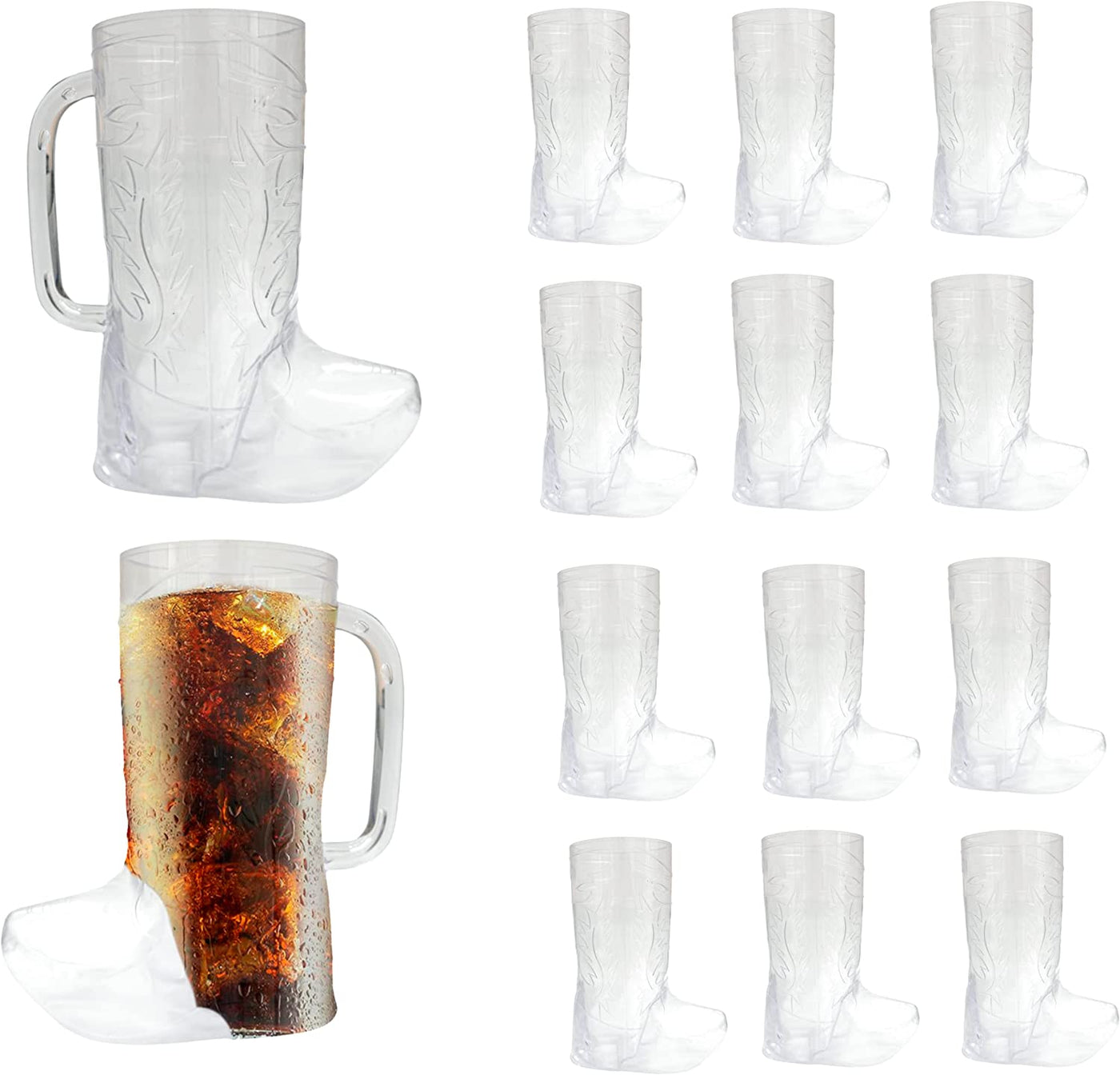 4E's Novelty Cowboy Boot Shot Glass & Cups (12 Shot Glasses & 2 Big Mug 17oz) Hard Plastic, BPA Free - for Cowboy Themed Party Supplies