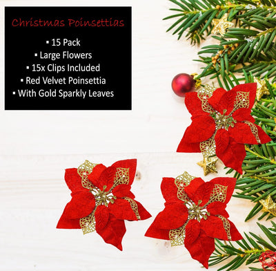 15 Pcs 8.5" Red Velvet Poinsettia Christmas Decorations (with Clips) 8.5" - Sparkly Artificial Poinsettia Flowers for Christmas Tree Decoration Ornaments, Wreath by 4E's Novelty
