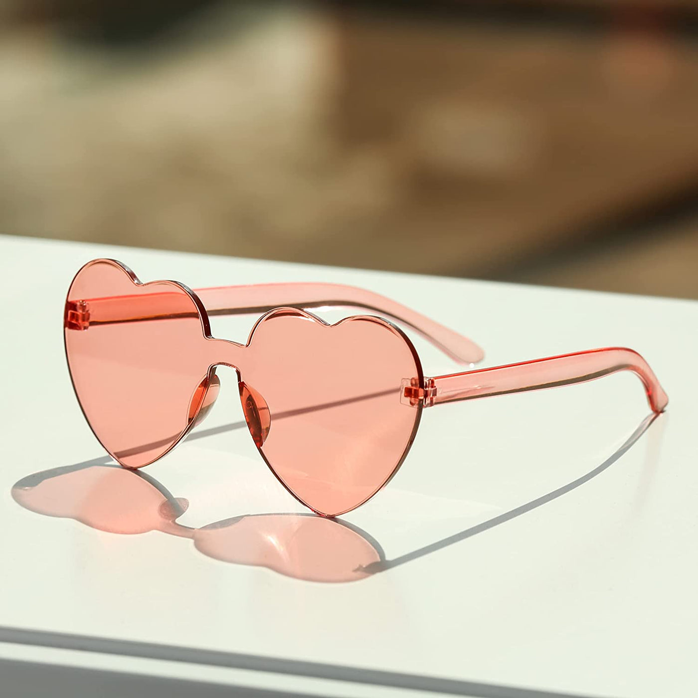 4E's Novelty 2 Pack Heart Shaped Sunglasses for Women - Transparent Light Pink & Hot Pink Color Rimless Glasses, Valentines Party Fashion Accessories