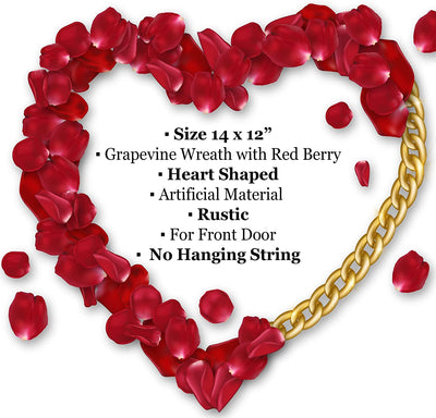 12" Small Valentines Wreath for Front Door Heart Wreath, Grapevine Red Berry for Indoor Outdoor Decorations, Valentines Day Heart Shaped Wreath Sign Wall Decor by 4E's Novelty