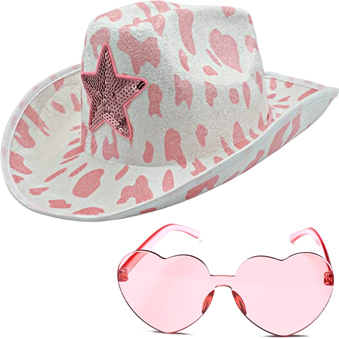 4E's Novelty Pink Cow Print Cowboy Hat with Heart Shaped Sunglasses Cowgirl Hat for Women Men Adult Western Party, Cowgirl Costume Accessory