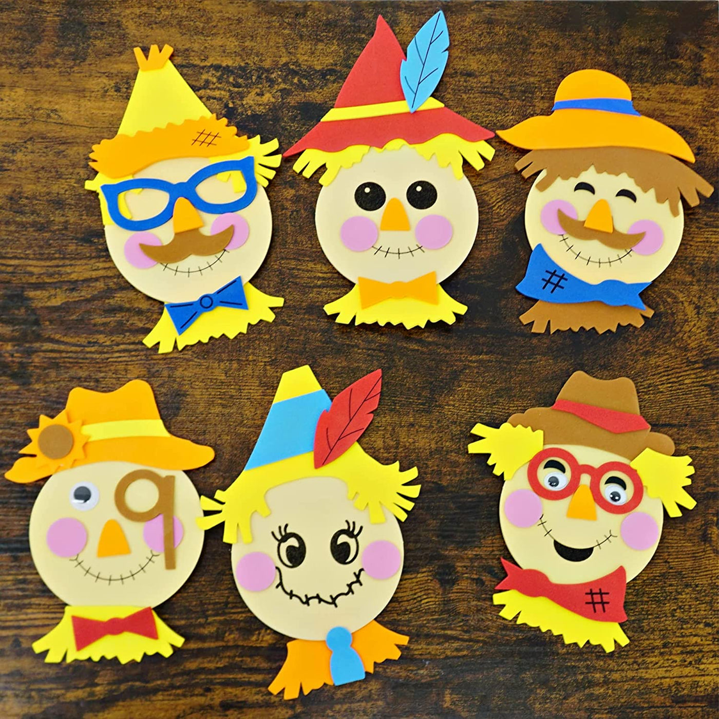 4E's Novelty Scarecrow Fall Crafts for Kids (12 Pack) Foam Self Adhesive, Thanksgiving Crafts for Kids Bulk with Magnet, Fun DIY Activity for ages 3-12