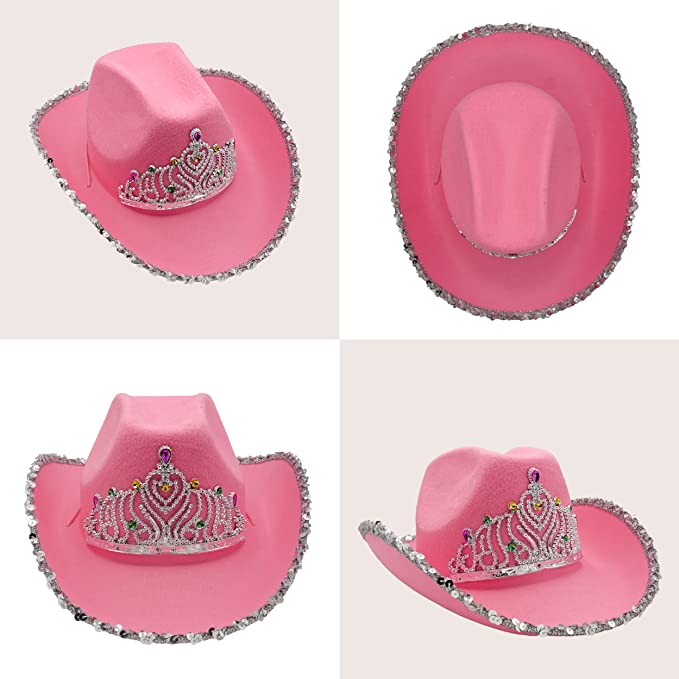 4E's Novelty Preppy Pink Cowgirl Hat with Heart Shaped Sunglasses - Pink Cowboy Hat with Tiara Crown for Adult Cowgirl Costume Accessories for Women Western Party