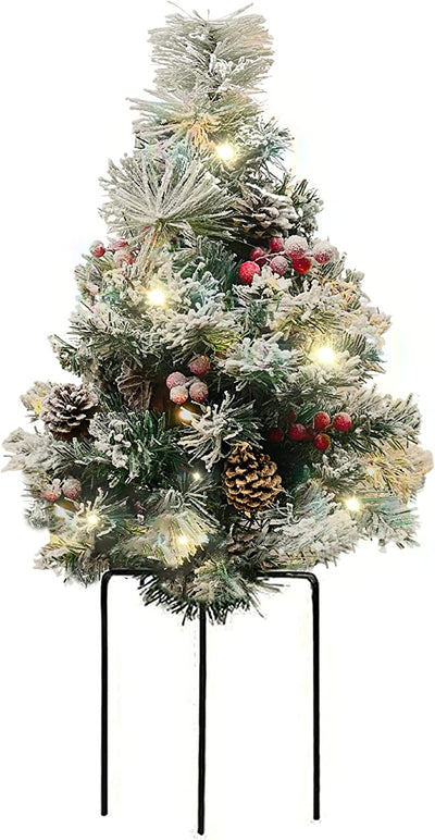 Prelit Outdoor Mini Christmas Tree for Porch, Pathway, Yard, 30in Battery Operated with Remote & Timer - Lighted Snow Flocked Artificial Porch Christmas Tree Decorations for Lawn Decor by 4E's Novelty