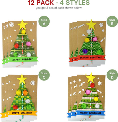 4E's Novelty Christmas Card Making Craft Kit for Kids (12 Pack) DIY Handmade Greeting Card with Envelopes & Supplies for Adults & Kids, Holiday DIY Christmas Party Invitation Card