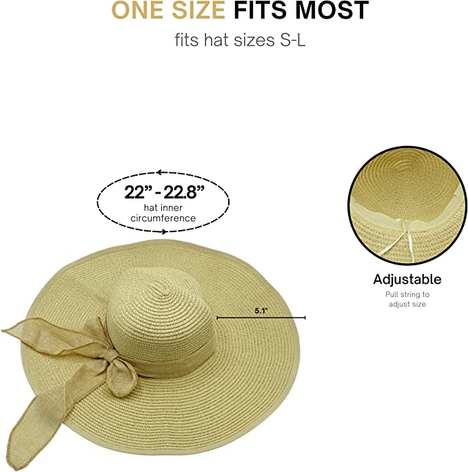 4E's Novelty Floppy Sun Hat for Women with Sunglasses, UPF 50+ Straw Sunhats for Women UV Protection, Packable Beach Hat for Summer Beige