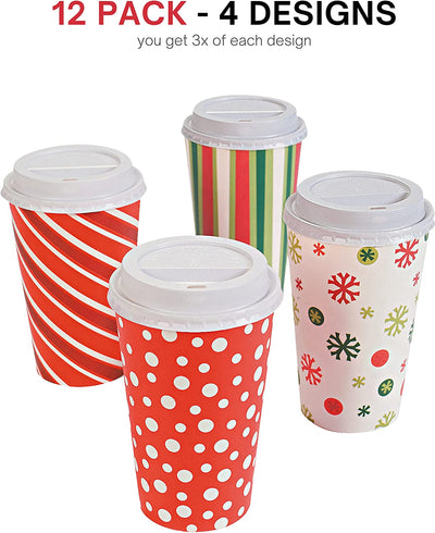 4E's Novelty Christmas Paper Cups Disposable 16 oz With Lids & Napkins (12 Packs) for Christmas Hot Cocoa Party Supplies, Hot Chocolate Bar