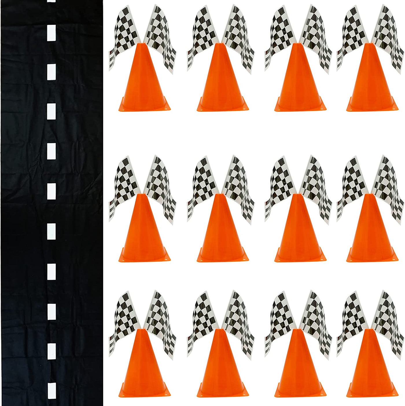 38 Pcs Set - 12 Traffic Cones With Hole on Top, 24 Checkered Flags, Racetrack Floor Runner - for For Race Car Birthday Party Supplies, Racing Theme Decorations for Kids by 4E's Novelty
