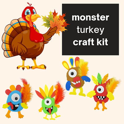4E's Novelty Monster Turkey Crafts for Kids (12 Pack) Bulk Foam Magnet Craft Kit, Thanksgiving Crafts for Kids 4-8, 3-12, Thanksgiving Activities for Kids