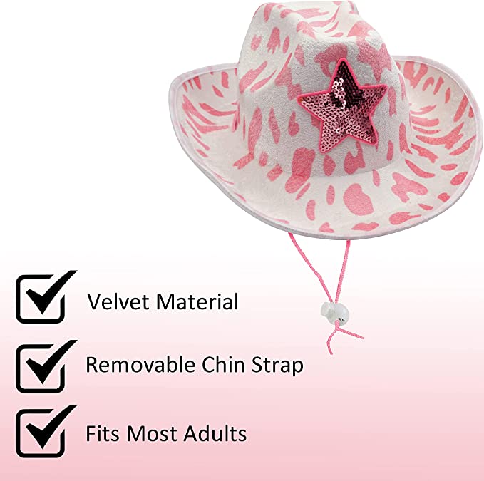 4E's Novelty Pink Cow Print Cowboy Hat with Heart Shaped Sunglasses Cowgirl Hat for Women Men Adult Western Party, Cowgirl Costume Accessory