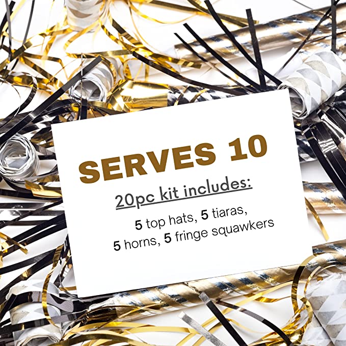 4E's Novelty New Years Eve Party Supplies 2023 for 10 Guest - 20 Pieces Total Includes 5 Top Hats, 5 Tiaras, & 10 Noisemakers - Black Gold Silver NYE Decorations