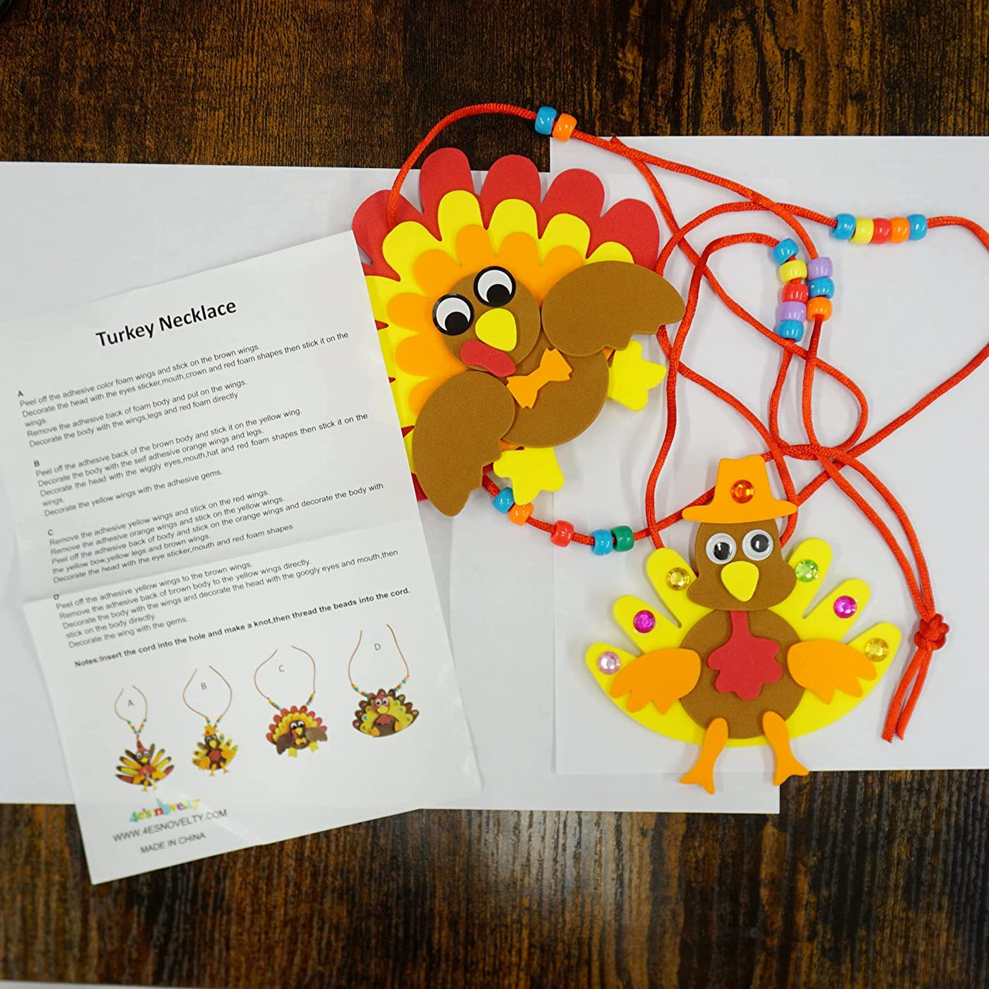 4E's Novelty Thanksgiving Turkey Necklaces Crafts for Kids (12 Pack) Bulk DIY Thanksgiving Game Activity