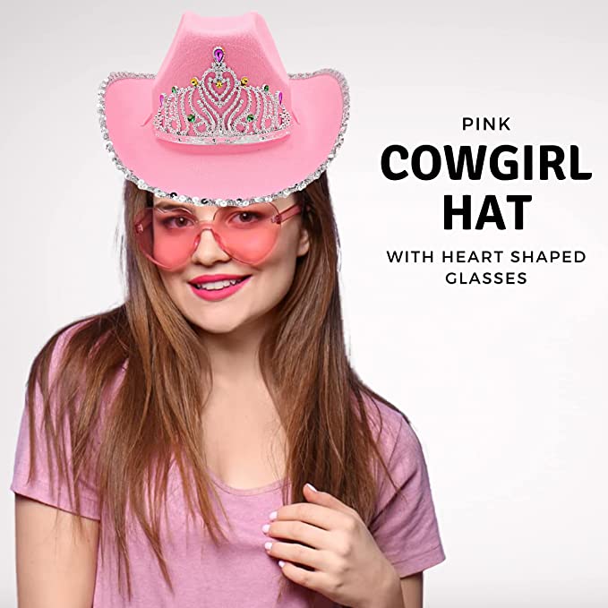 4E's Novelty Preppy Pink Cowgirl Hat with Heart Shaped Sunglasses - Pink Cowboy Hat with Tiara Crown for Adult Cowgirl Costume Accessories for Women Western Party