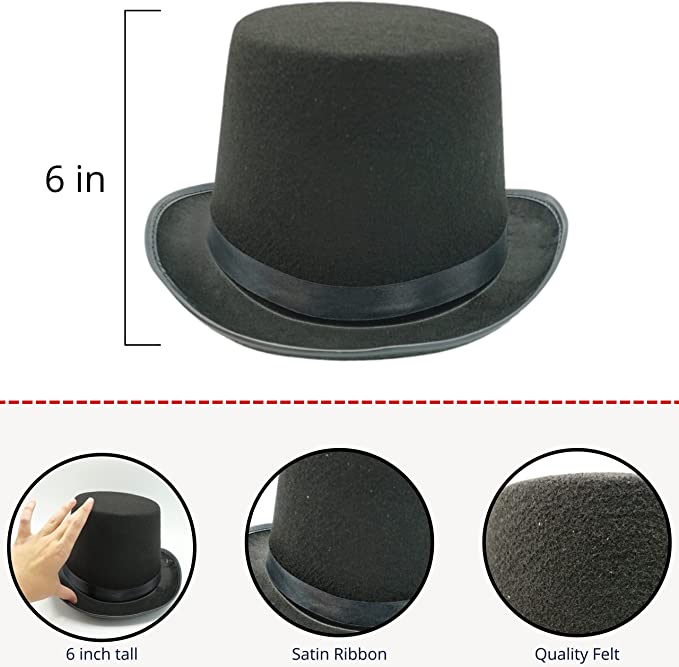 4E's Novelty 6" Black Top Hat for Adult Men & Women, 6 Inch Tall Felt Costume Hat, for Magician Hat, Snowman Costume Top Hat