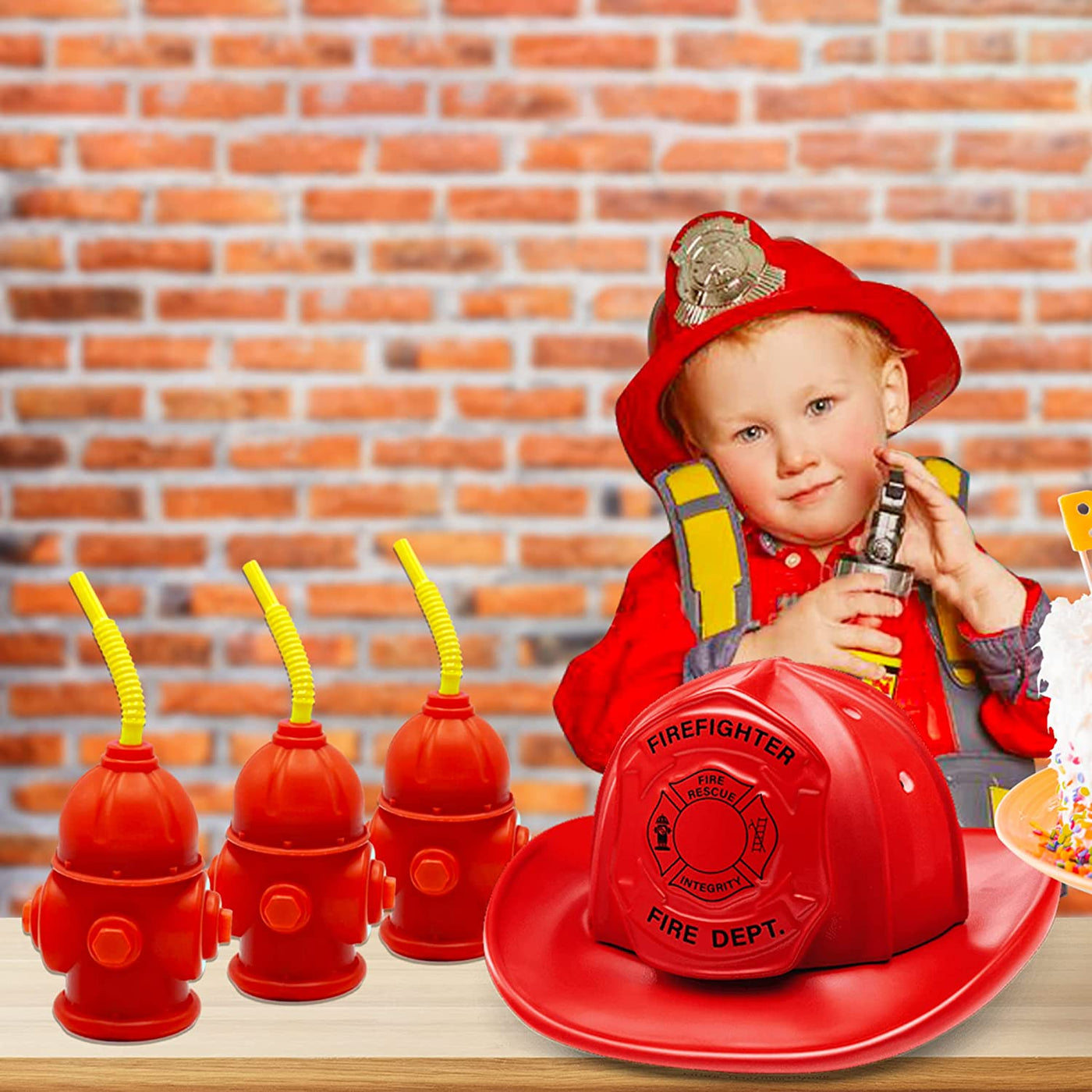 4E's Novelty Fire Hydrant Straw Cups With Lids (4 Pack) 12oz - for Firefighter Birthday Party Favors, Fire truck & Fireman Party Decorations, Rescue Marshall Party