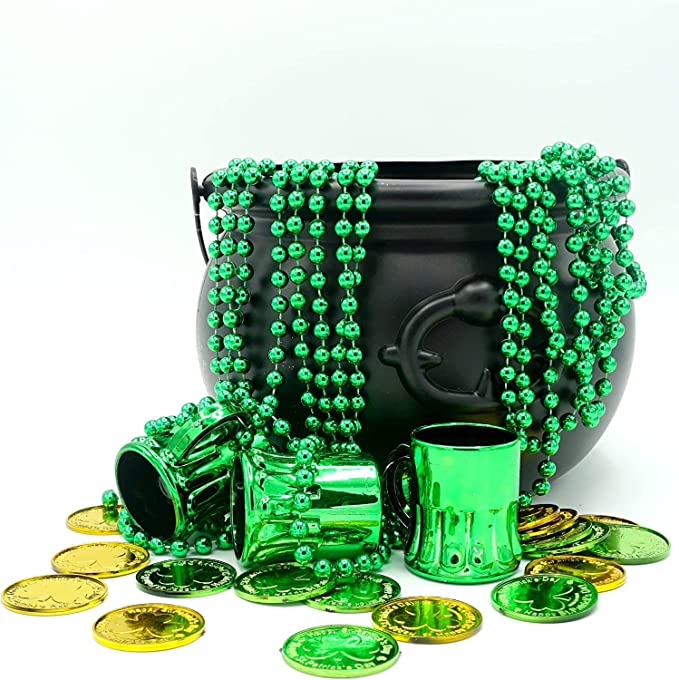 Black Cauldron Plastic Large 7" St. Patricks Day Pot of Gold Decoration Prop, Candy Holder with Handle by 4E's Novelty