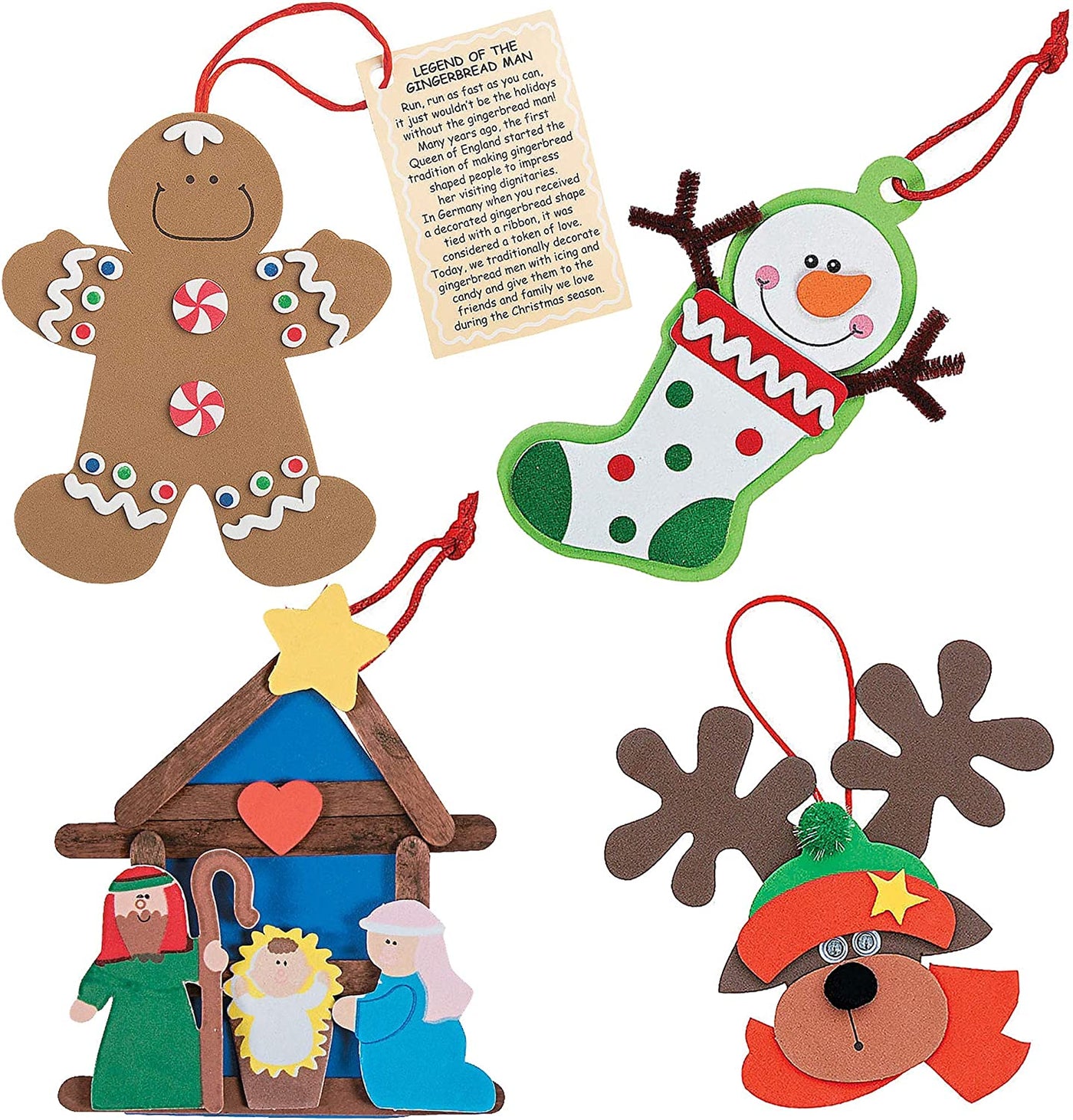 4E's Novelty Christmas Ornament Crafts for Kids (Set of 4) Gingerbread Man, Stocking, Reindeer, Nativity, Christmas Crafts for Kids & Toddlers Ages 3-12, DIY Winter Activity, Stocking Stuffers
