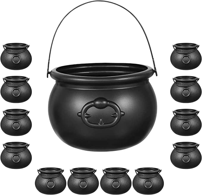 Black Cauldron Plastic 12 Mini & 1 Large 7"- for Halloween Cauldron Black Candy Bucket for Trick or Treat Container for Kids Table Décor Kids Party Favors Supplies By 4E's Novelty