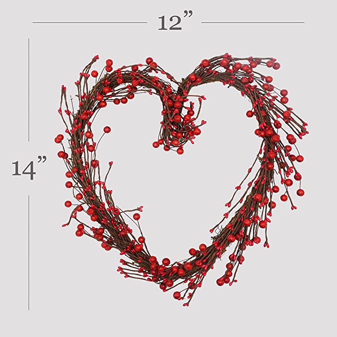 12" Small Valentines Wreath for Front Door Heart Wreath, Grapevine Red Berry for Indoor Outdoor Decorations, Valentines Day Heart Shaped Wreath Sign Wall Decor by 4E's Novelty