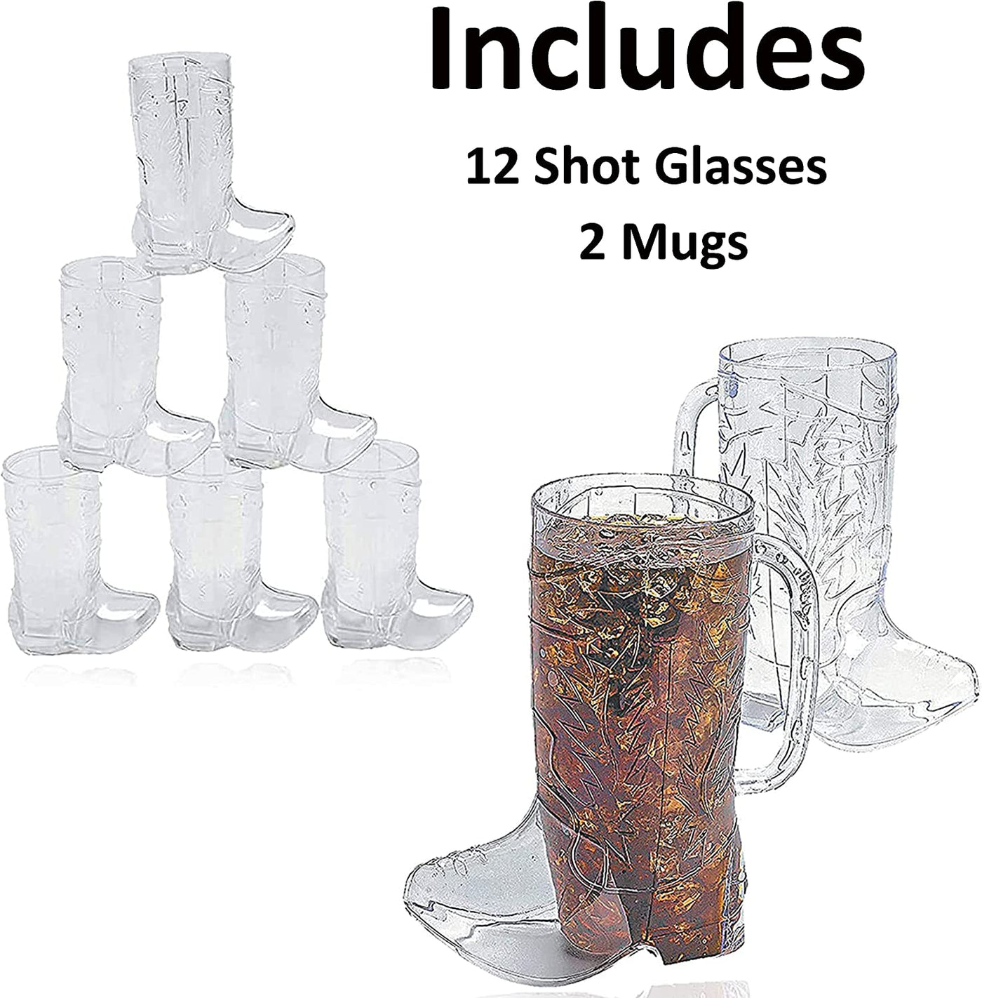 4E's Novelty Cowboy Boot Shot Glass & Cups (12 Shot Glasses & 2 Big Mug 17oz) Hard Plastic, BPA Free - for Cowboy Themed Party Supplies
