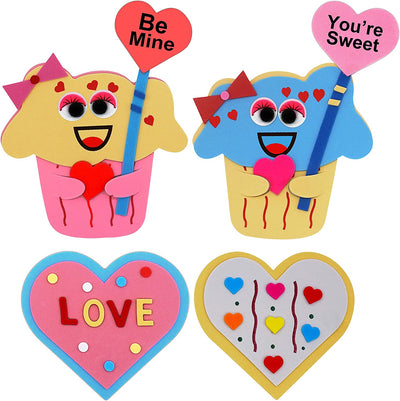 4E's Novelty Valentines Crafts for Kids Foam (Makes 12) Magnet Cupcake & Heart Cookie Kit Valentines Day Crafts for Kids Bulk for Classroom Home Activity