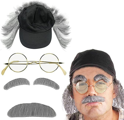 Old Man Costume - Gray Wig with Hat, Fake Glasses, Stick-on Mustache & Eyebrows - 100th Day of School Old Man Costume for Older Kids, Grandpa Costume Kit