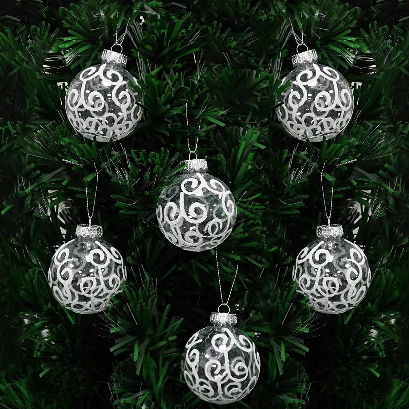 12 Pack White Swirl Christmas Ornaments Shatterproof Plastic 3.15"/80mm Clear Ball Ornaments Decorated with White Glitter for Christmas Tree Decorations by 4E's Novelty