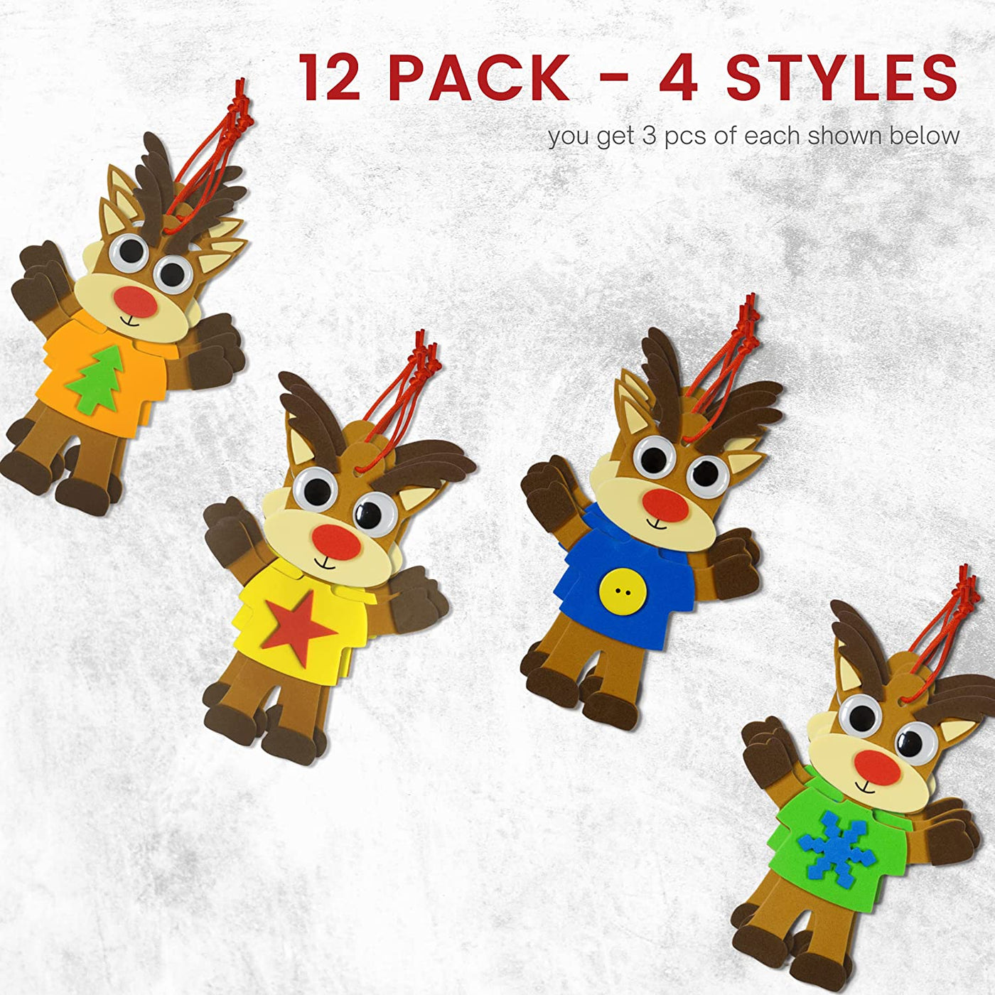 4E's Novelty Foam Christmas Reindeer Ornament Craft for Kids (12 Pack Bulk) Christmas Crafts for Kids Ages 4-8, 8-12 Toddlers DIY Ornament Craft Kit for Christmas Party Favors & Goodie Bag Fillers